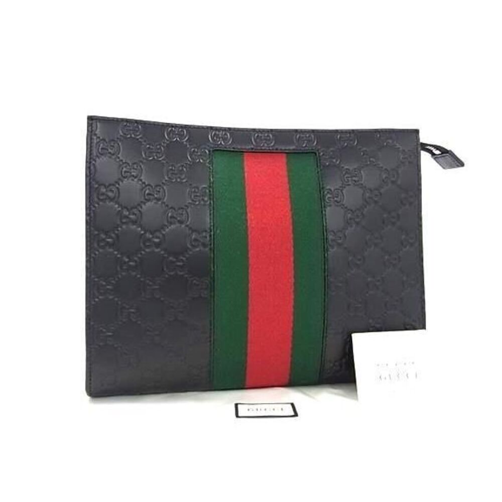 GUCCI Sherry GG Guccissima Leather Clutch Bag Shoulder Black